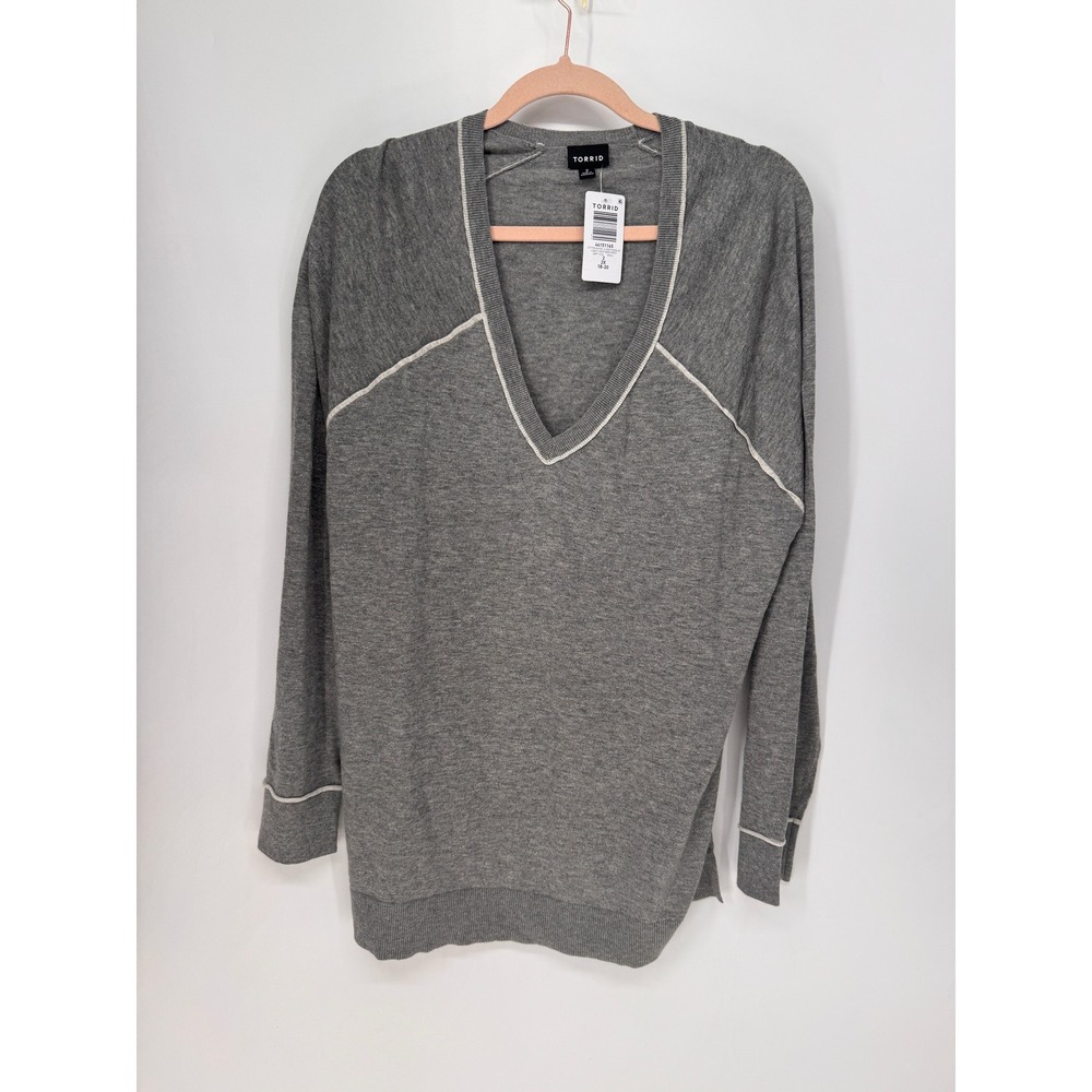 Torrid Sweater Women 2X Grey NWT V-Neck Raglan Contrast Piping Cotton Blend